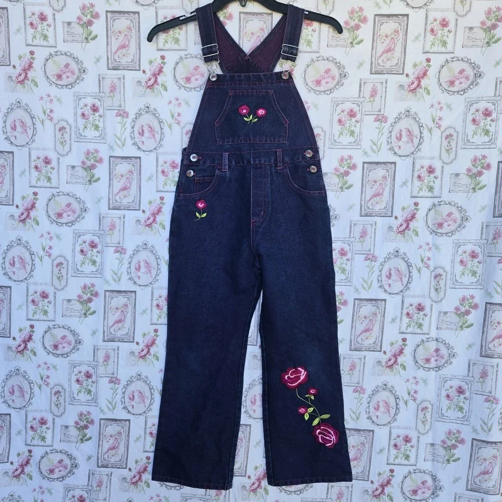 VTG Faded Glory Girls Denim Overalls Embroidered Roses Pink‎ Glitter Bibs Sz 7